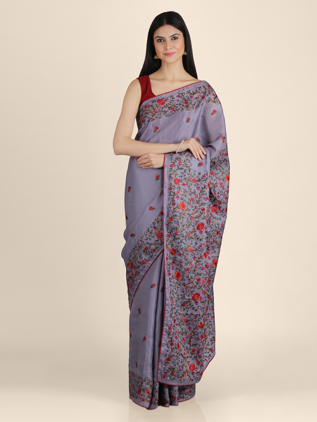 

KAJREE Grey & Red Pure Silk Embroidered Khadi Saree