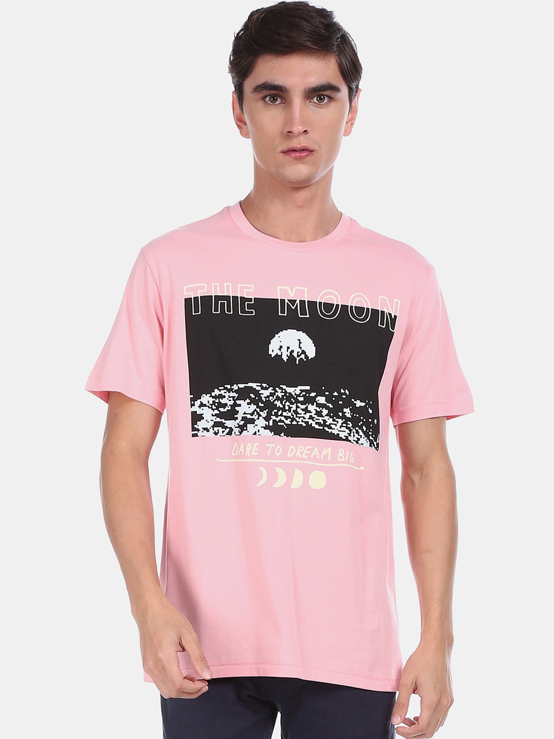 

Aeropostale Men Pink Black Printed Round Neck Pure Cotton T-shirt