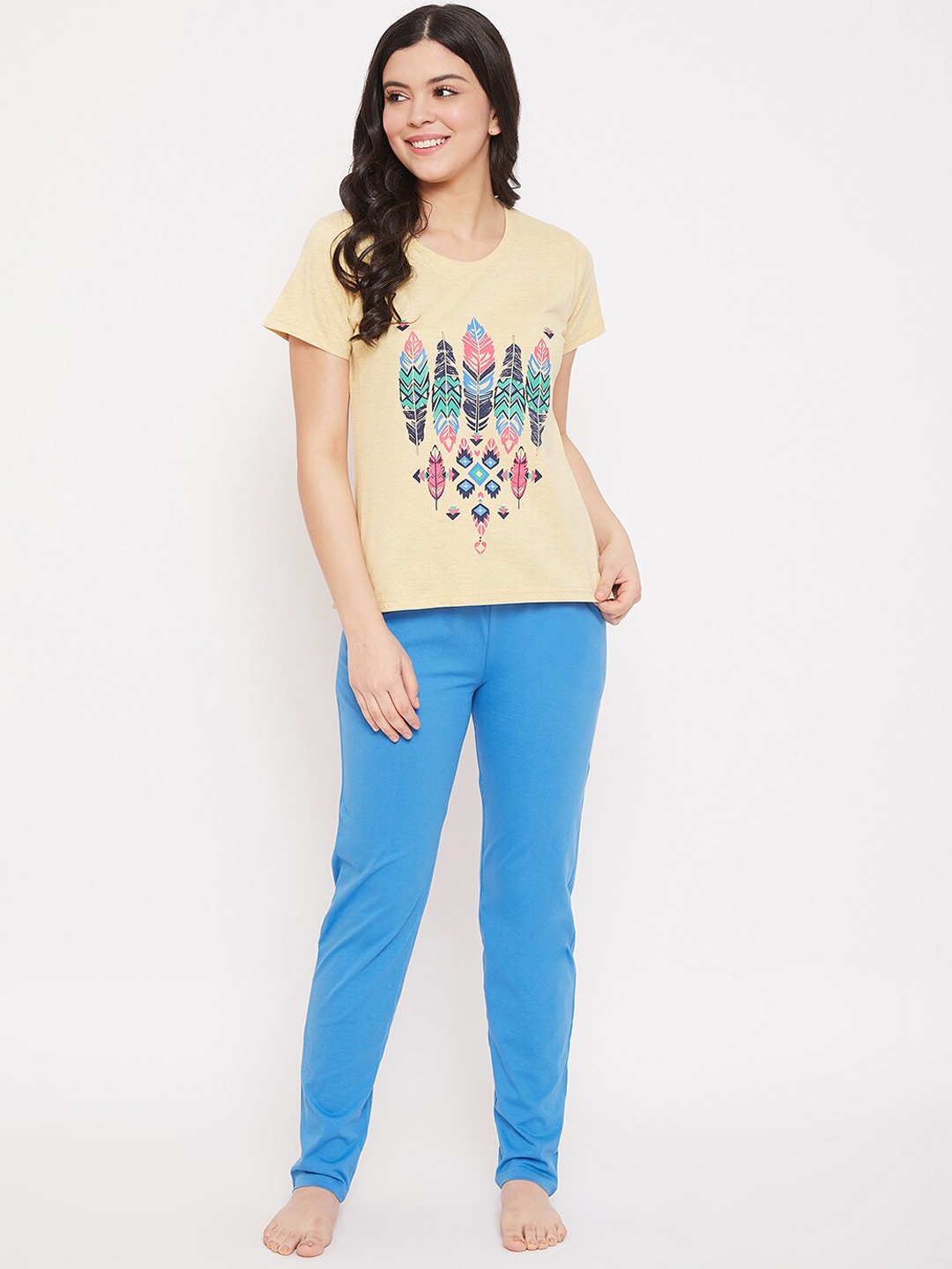 

Clovia Women Yellow & Blue Graphic Printed Night Suit