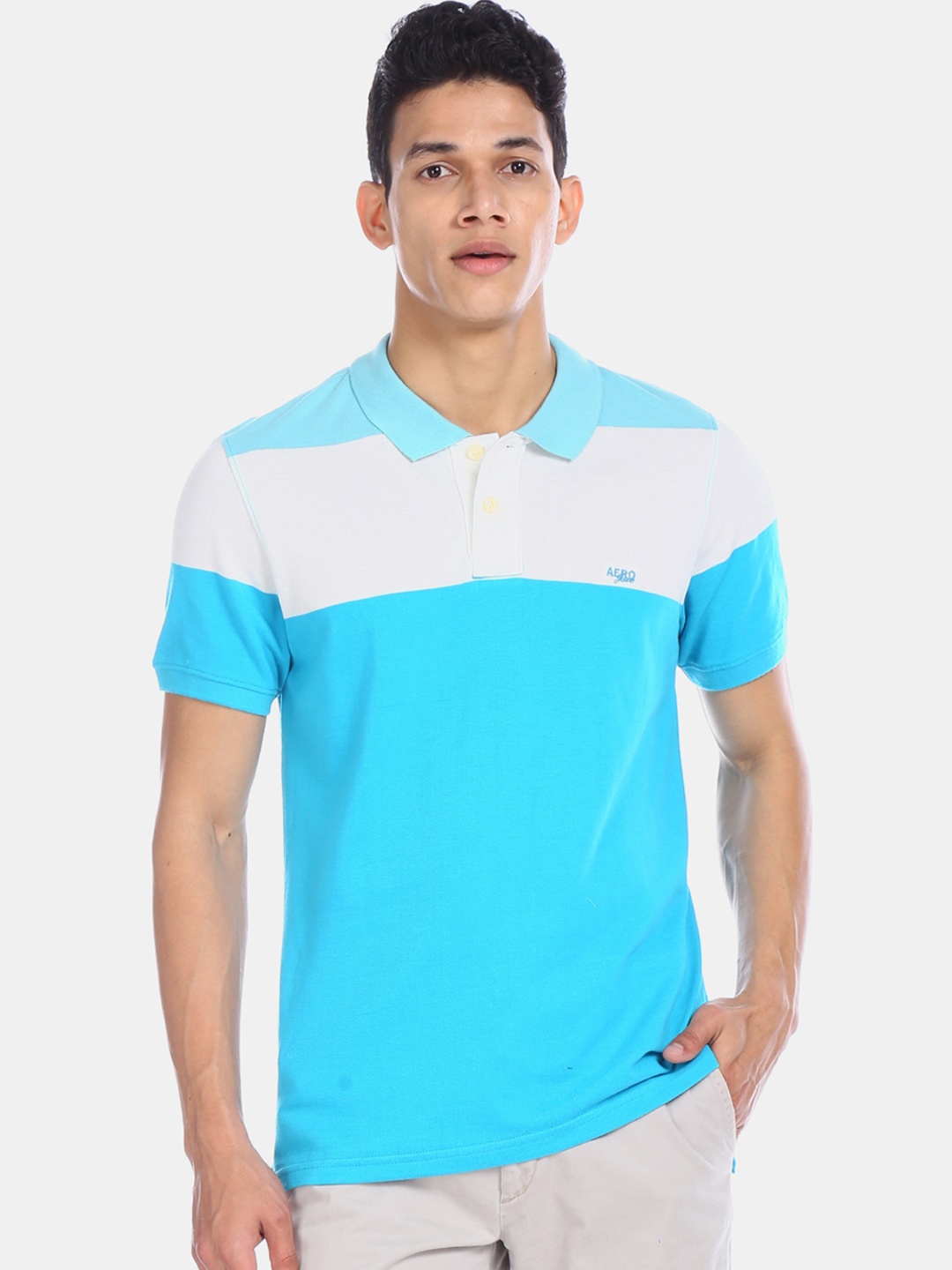 

Aeropostale Men Blue & White Colourblocked Polo Collar T-shirt
