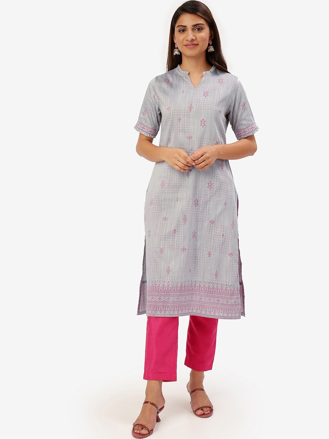 

Saaki Women Grey & Pink Printed A-Line Kurta