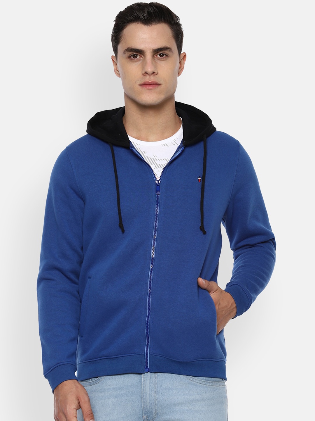 Louis Philippe Jeans Men Blue Solid Hooded Sweatshirt