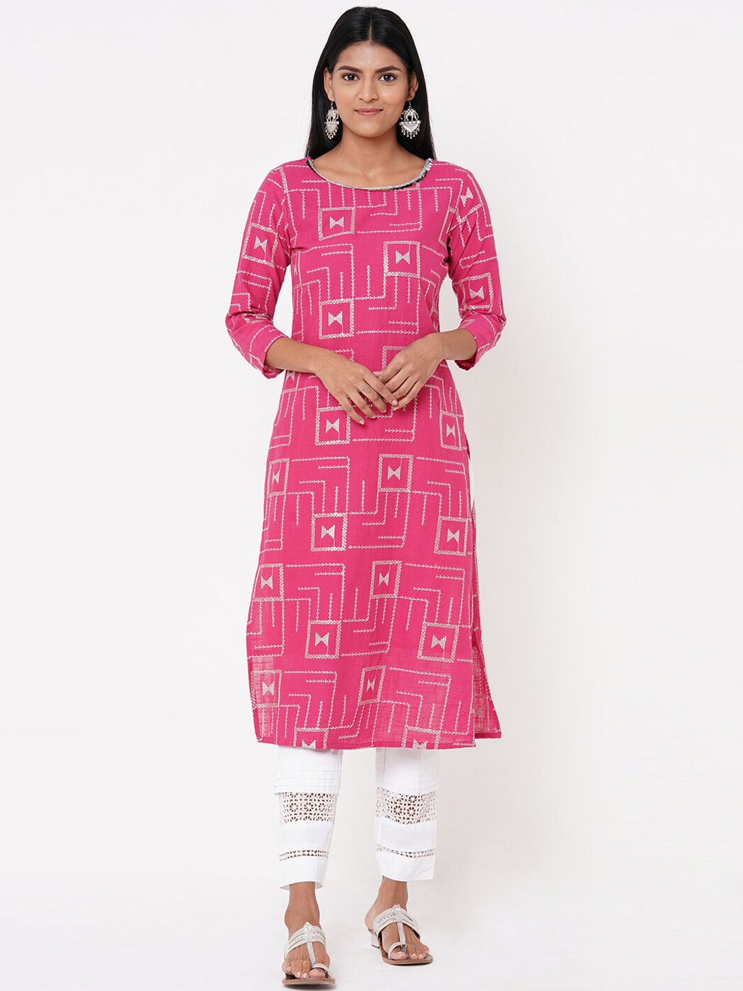 

FASHOR Women Pink Printed Straight Kurta