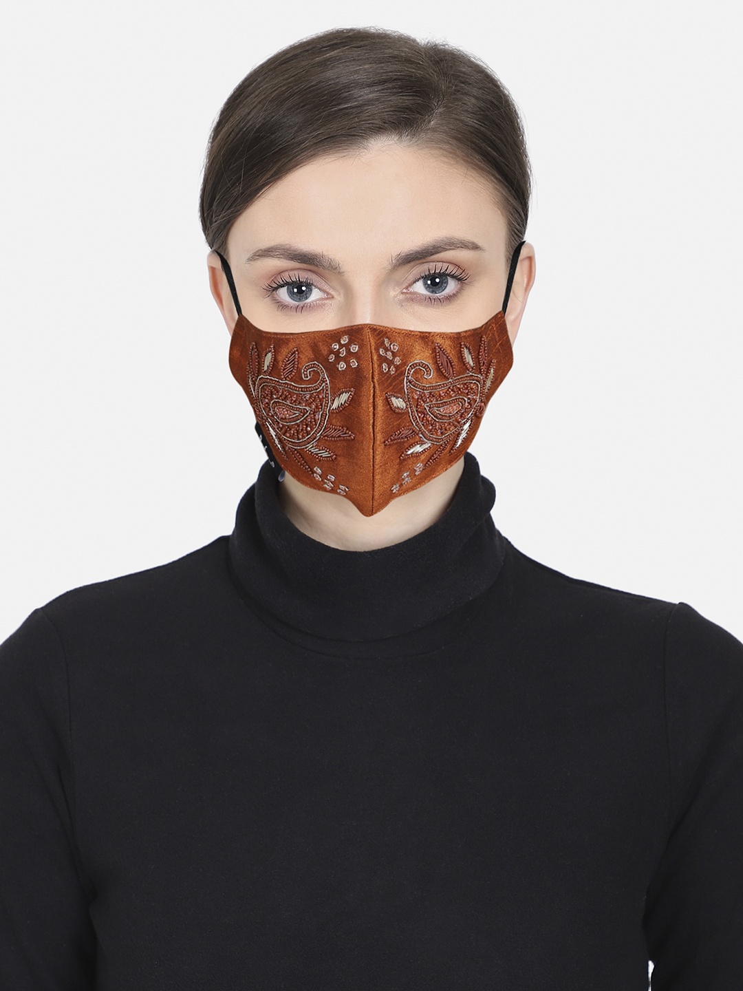 

Anekaant Women Tan Brown Paisley Embellished 3-Ply Reusable Cloth Mask