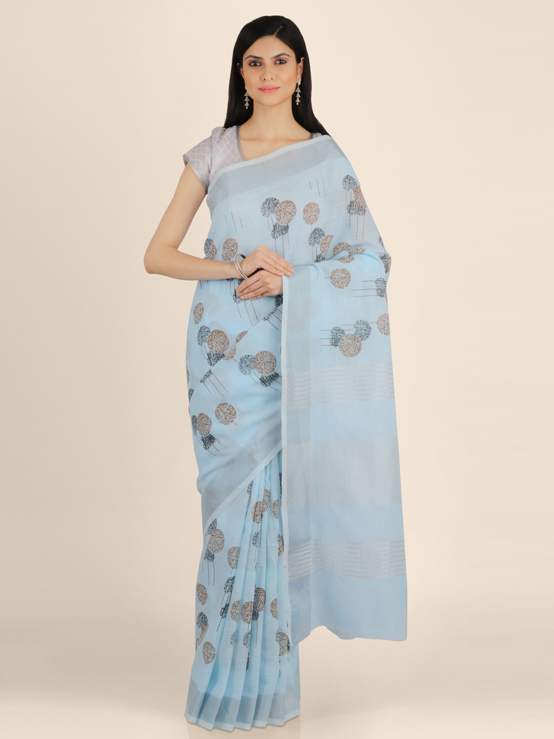 

KAJREE Blue Pure Linen Printed Tussar Handloom Saree