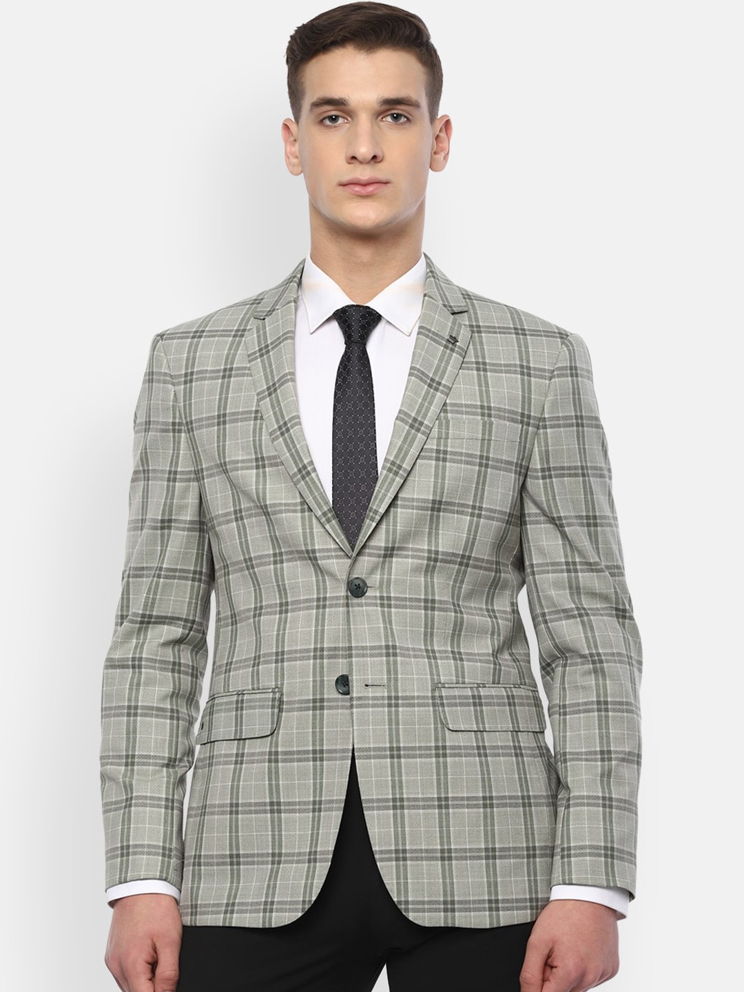

Louis Philippe Men Grey & White Checked Single Breasted Blazer