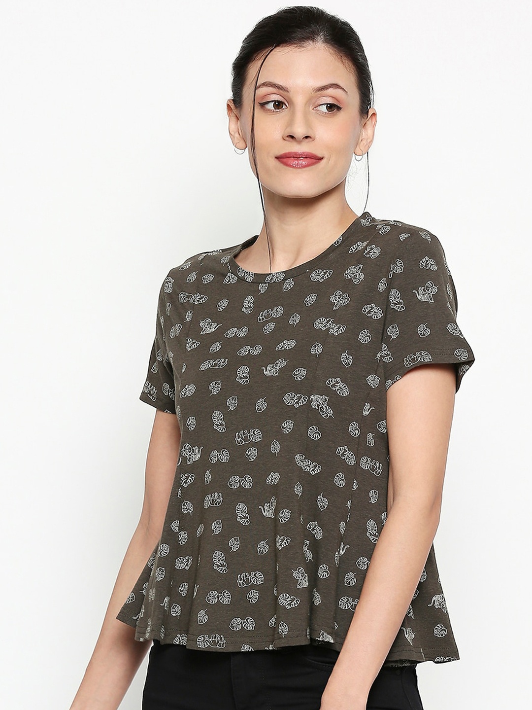 

People Women Olive Green Floral Printed Cotton A-Line Top