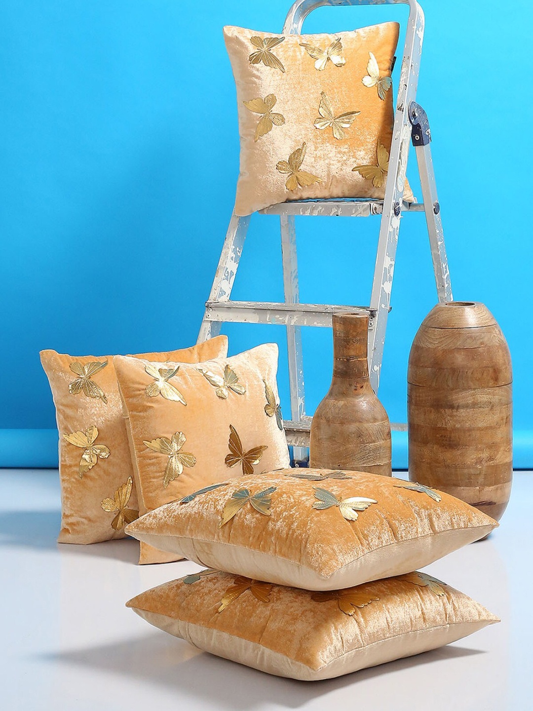 

ROMEE Set of 5 Beige & Gold Coloured Ethnic Motifs Square Cushion Covers