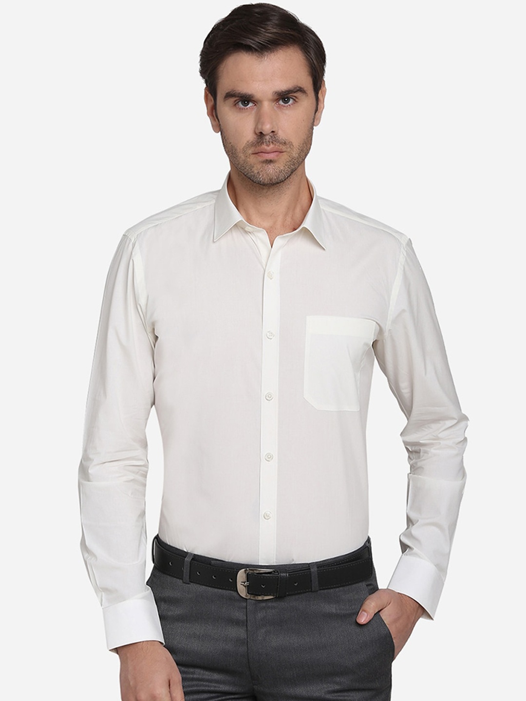 

JADE BLUE Men Cream-Coloured Slim Fit Solid Casual Shirt