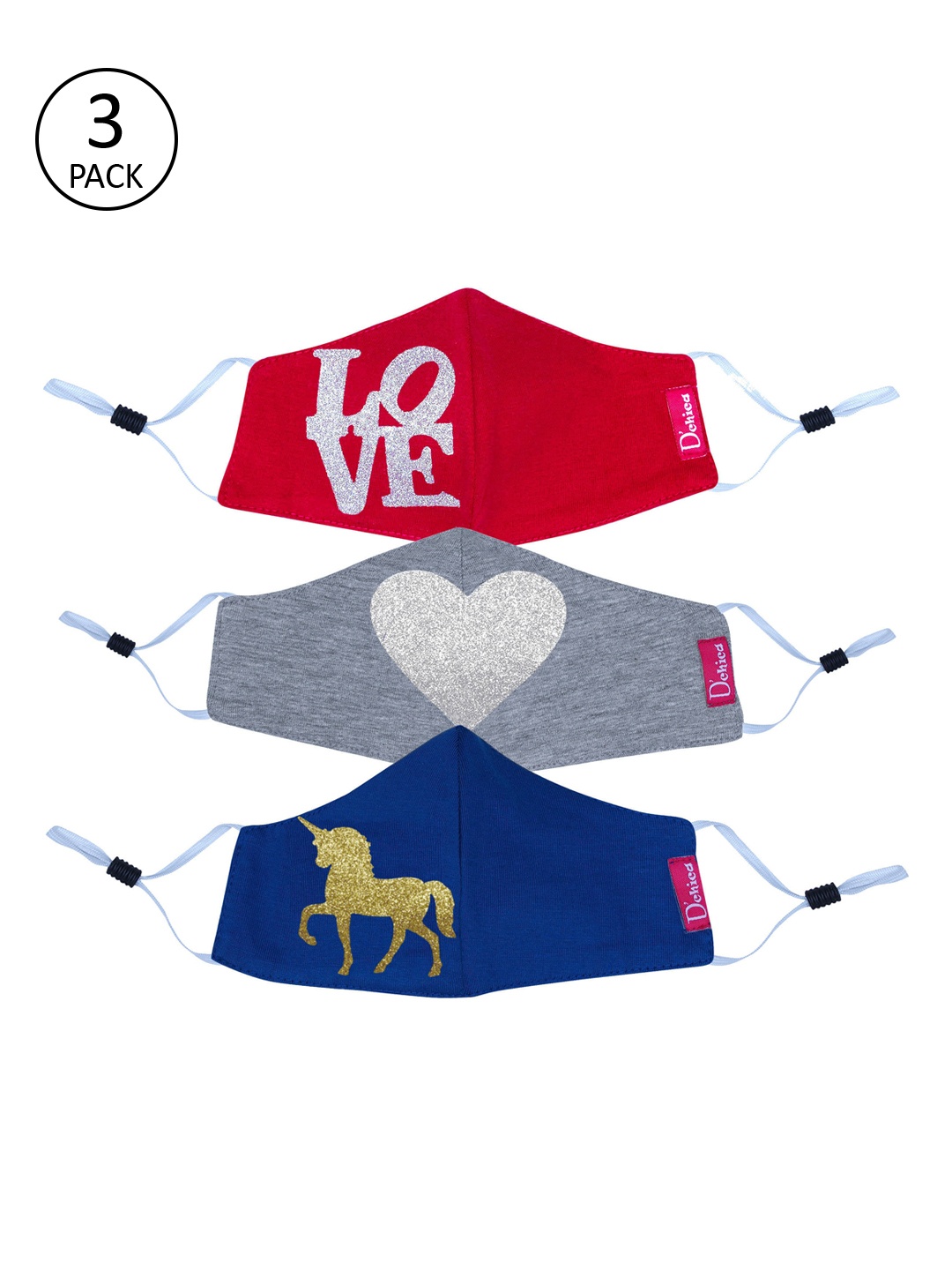 

DChica Girls Set Of 3 2-Ply Love & Unicorn Themed Protective Outdoor Face Masks, Blue