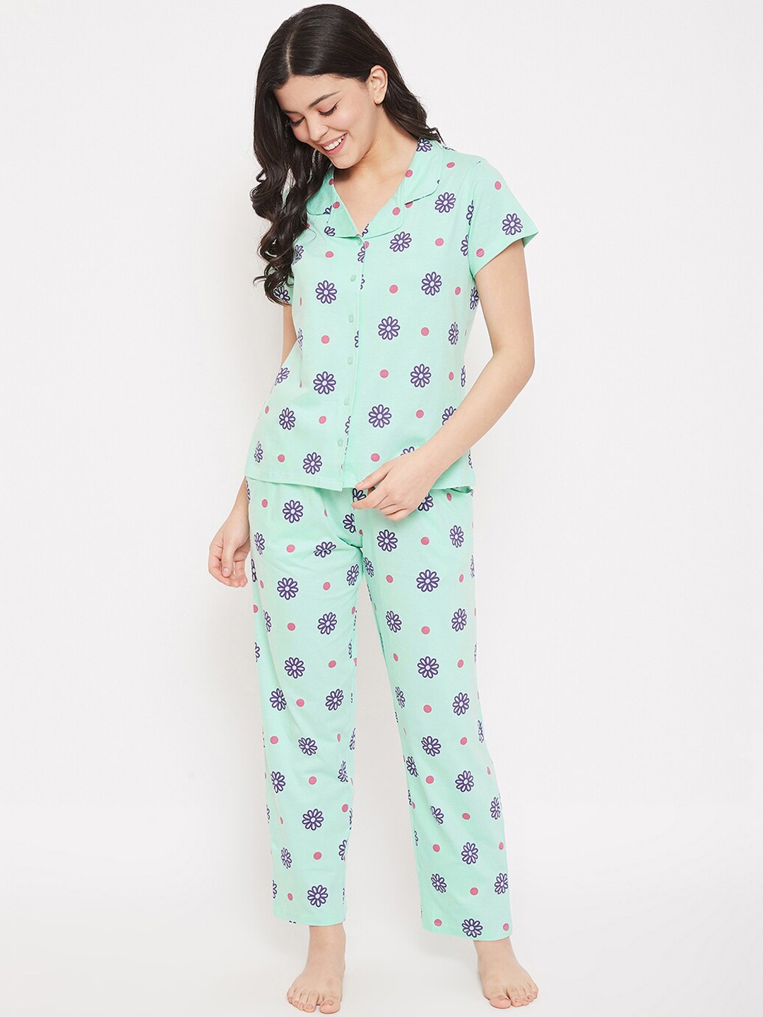 Clovia Women Green & Blue Printed Night Suit