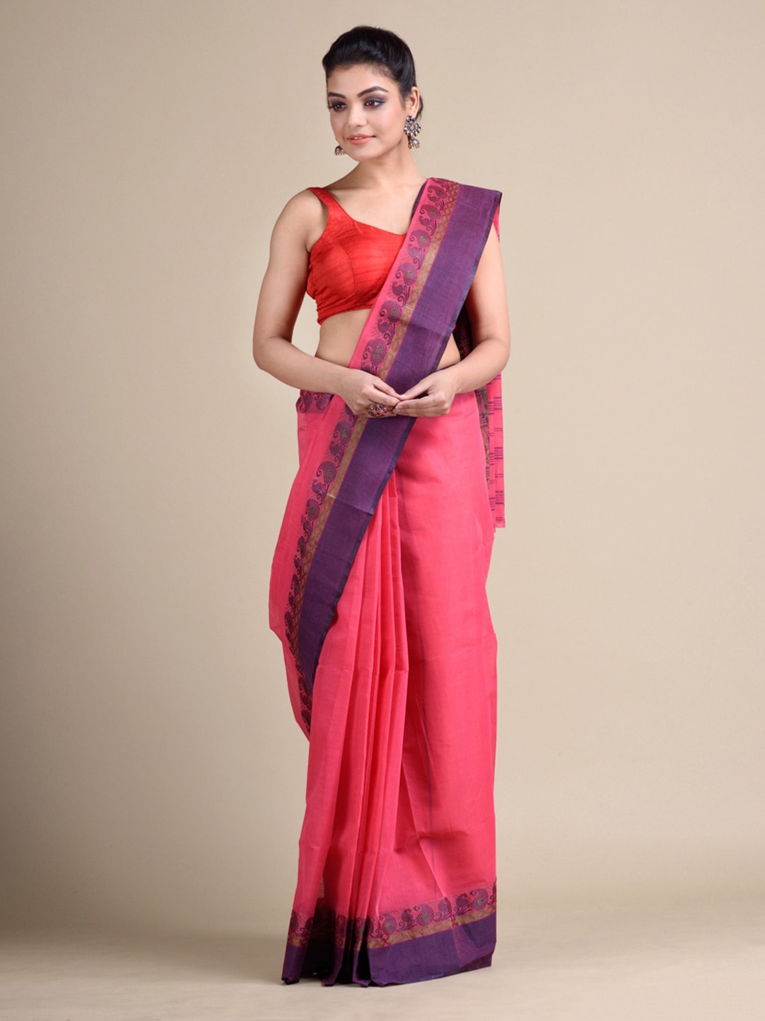 

Mitera Pink Pure Cotton Solid Taant Saree