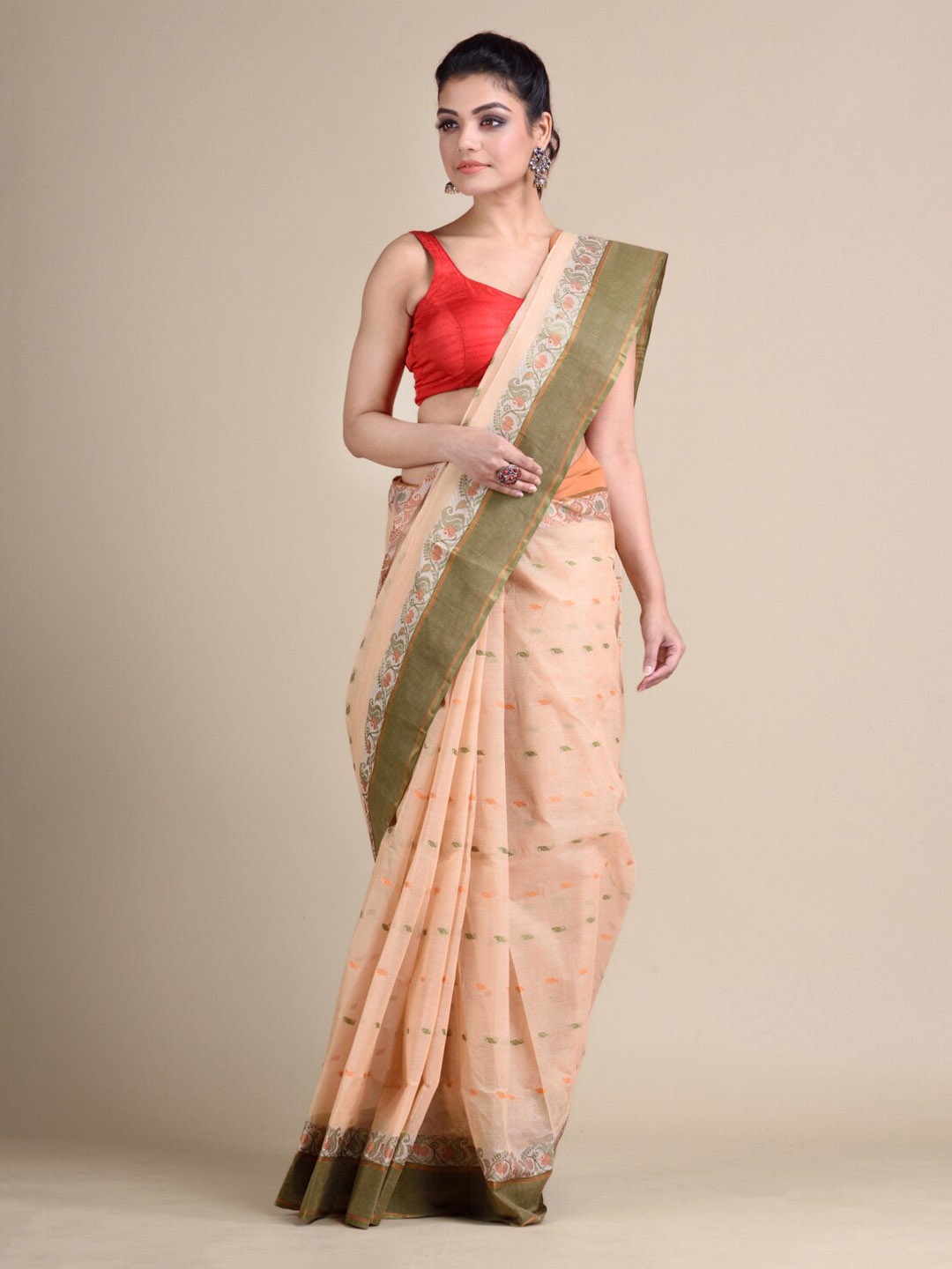 

Mitera Beige & Green Pure Cotton Woven Design Taant Hand Woven Saree