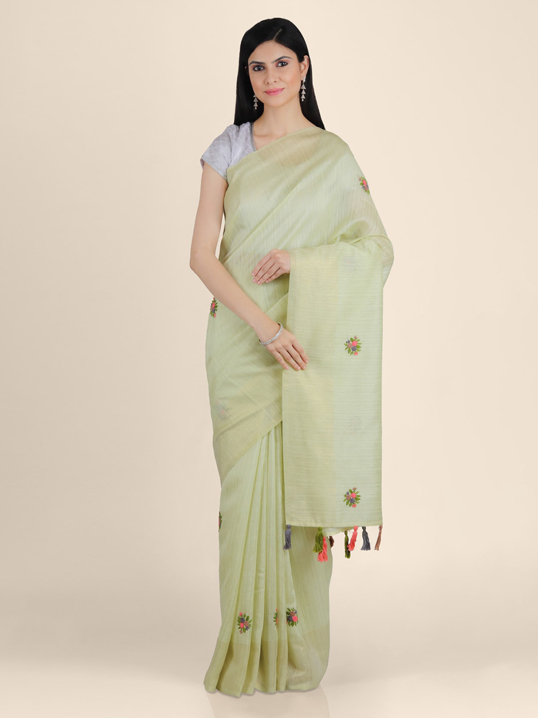 

KAJREE Green Pure Linen Embroidered Bhagalpuri Saree