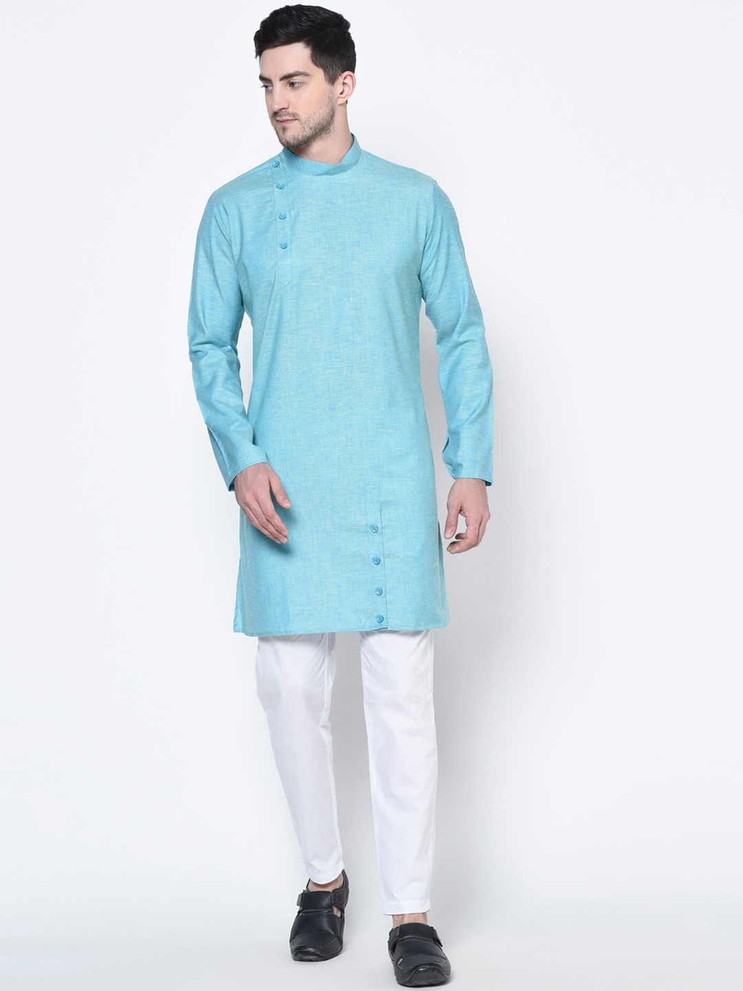 

DEYANN Men Blue Angrakha Pure Cotton Kurta with Pyjamas