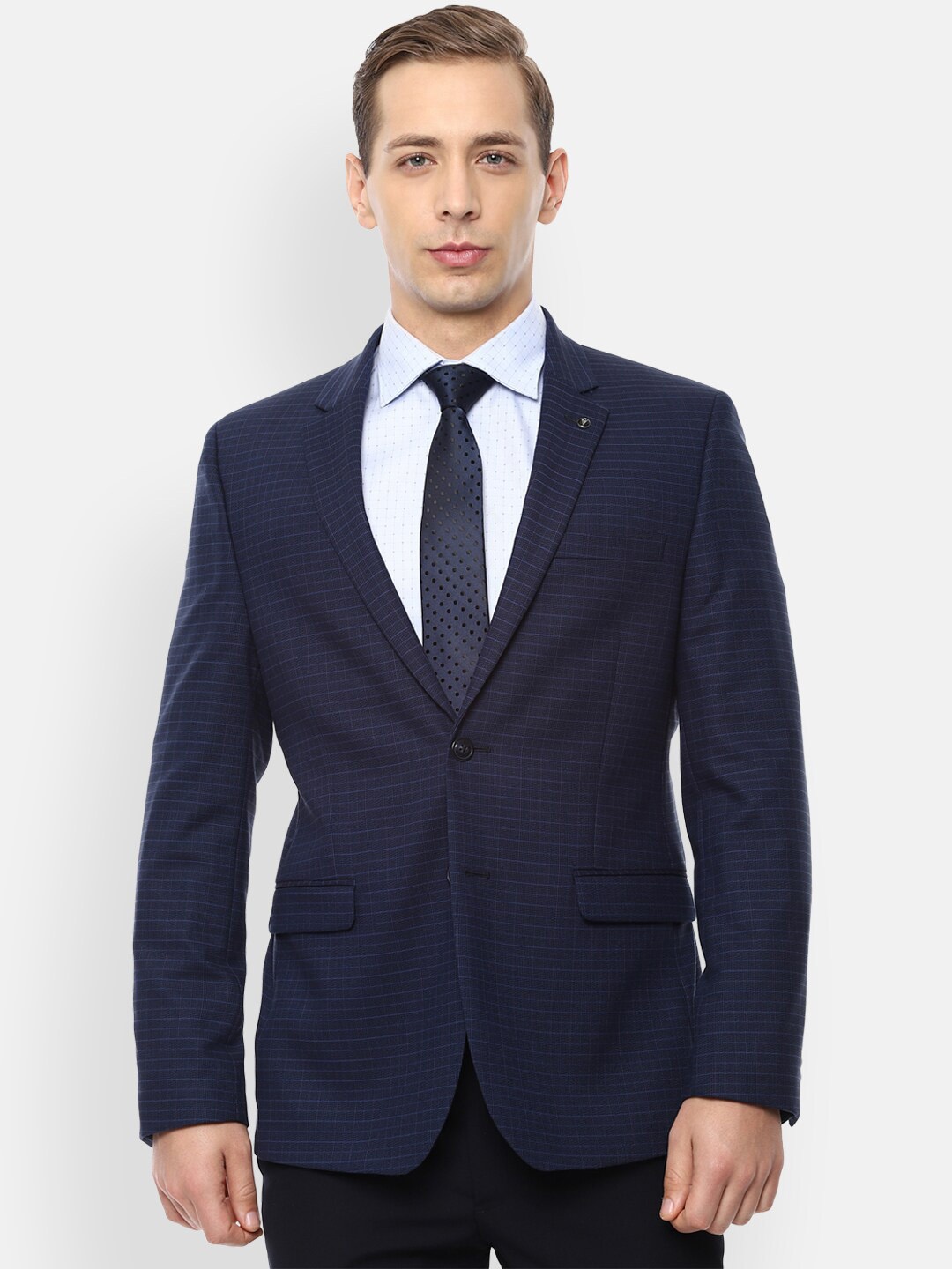 

Van Heusen Men Navy Blue Checked Slim-Fit Single-Breasted Blazer