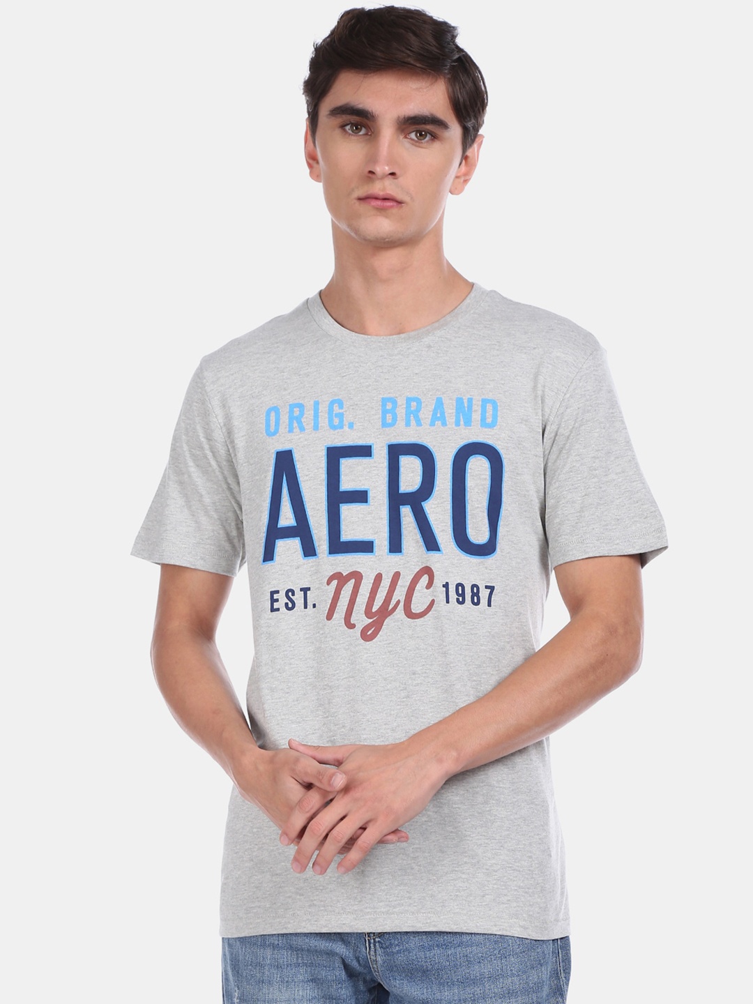 

Aeropostale Men Grey & Navy Blue Printed Round Neck T-shirt