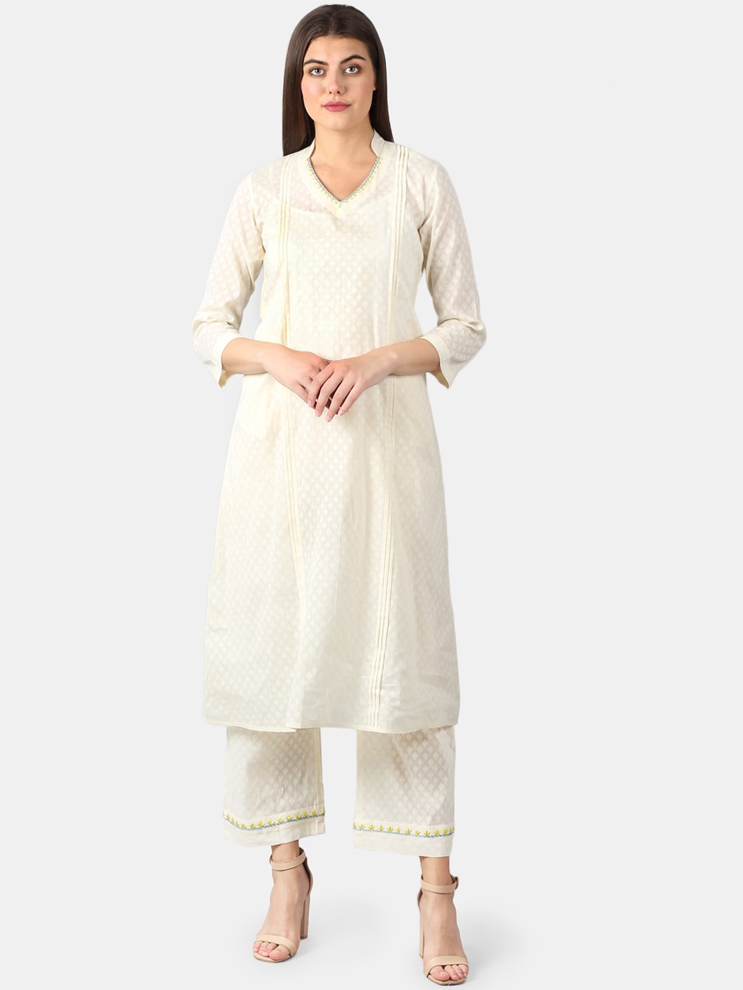 

DART STUDIO Women Off-White Woven Design A-Line Sustainable Kurta
