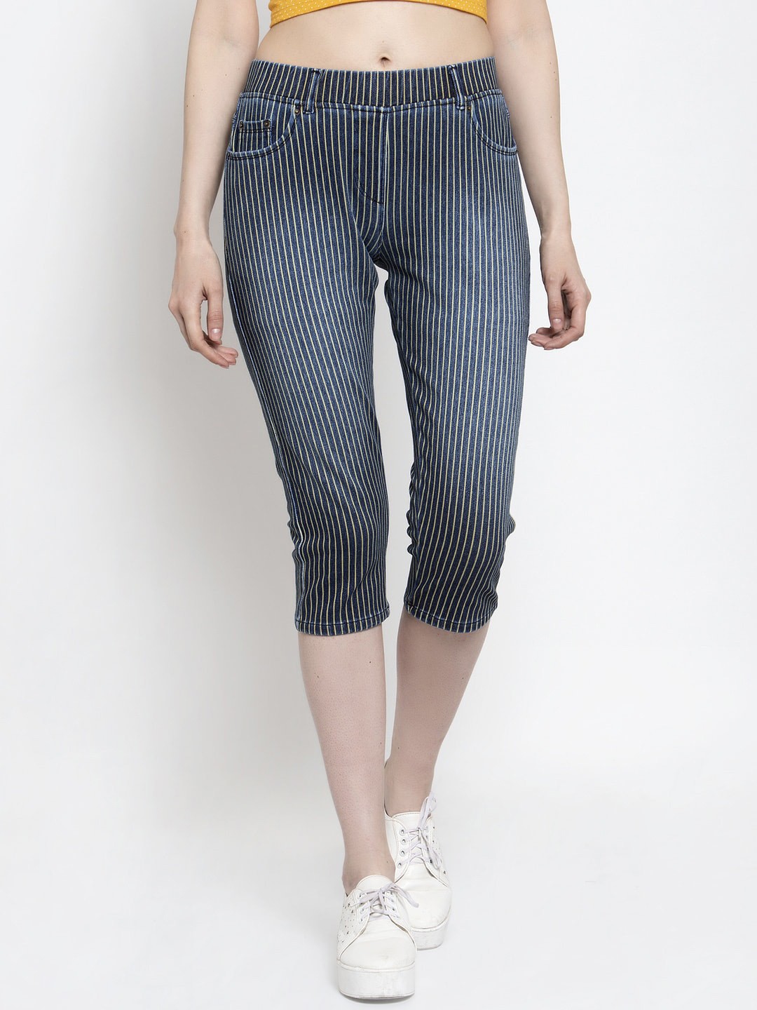 

Westwood Women Blue & Yellow Striped Slim Fit Capris
