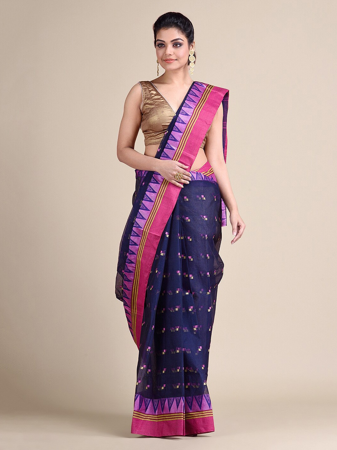 

Mitera Navy Blue Pure Cotton Woven Design Taant Saree