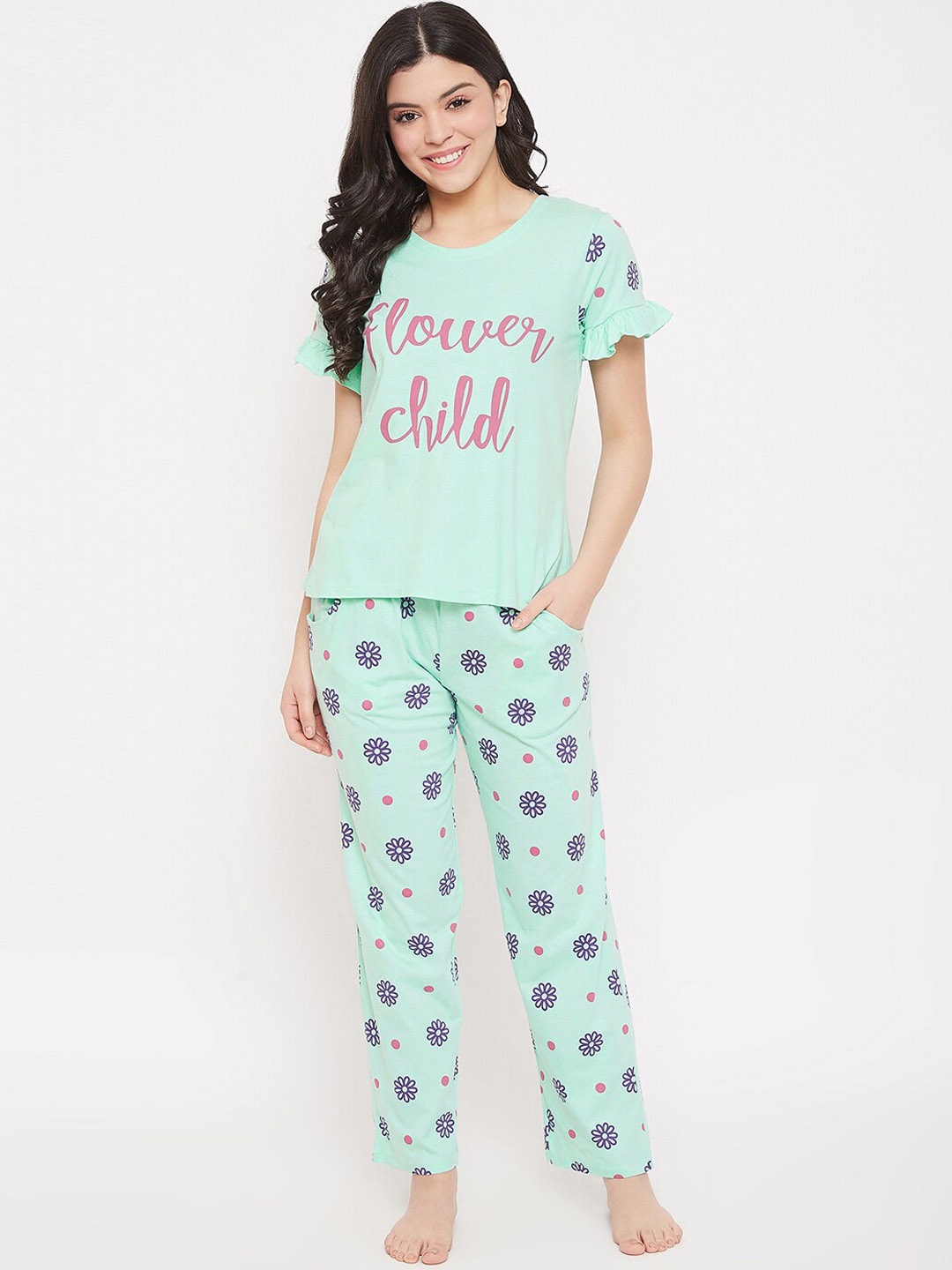 

Clovia Women Green & Blue Printed Night Suit