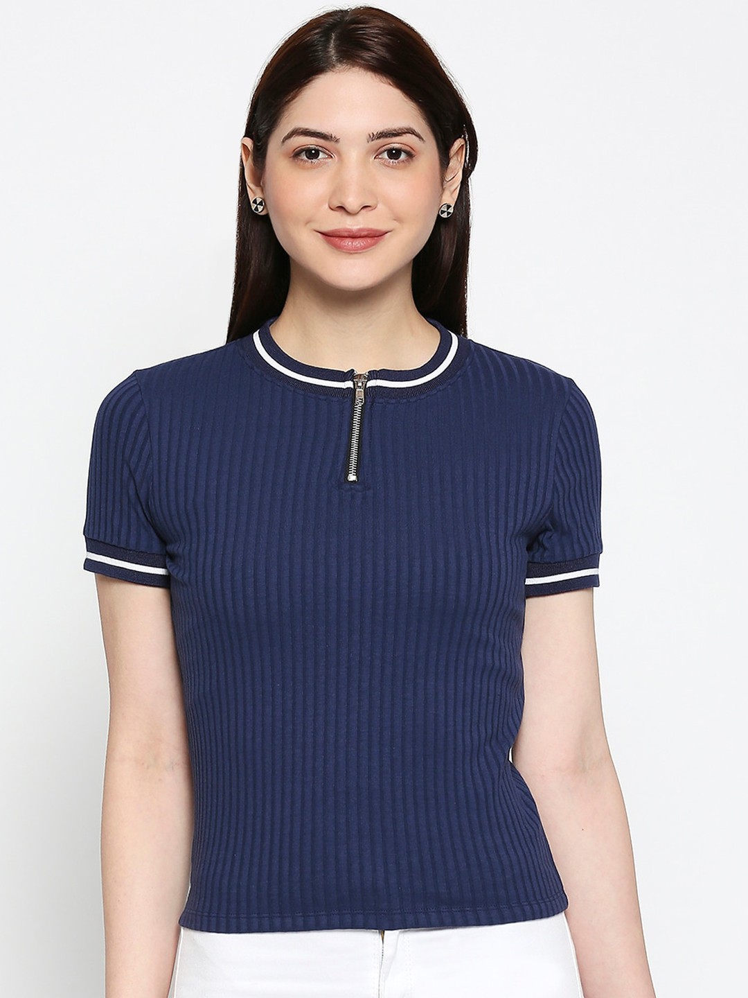 

People Women Navy Blue Solid Cotton Knitted Fitted Top