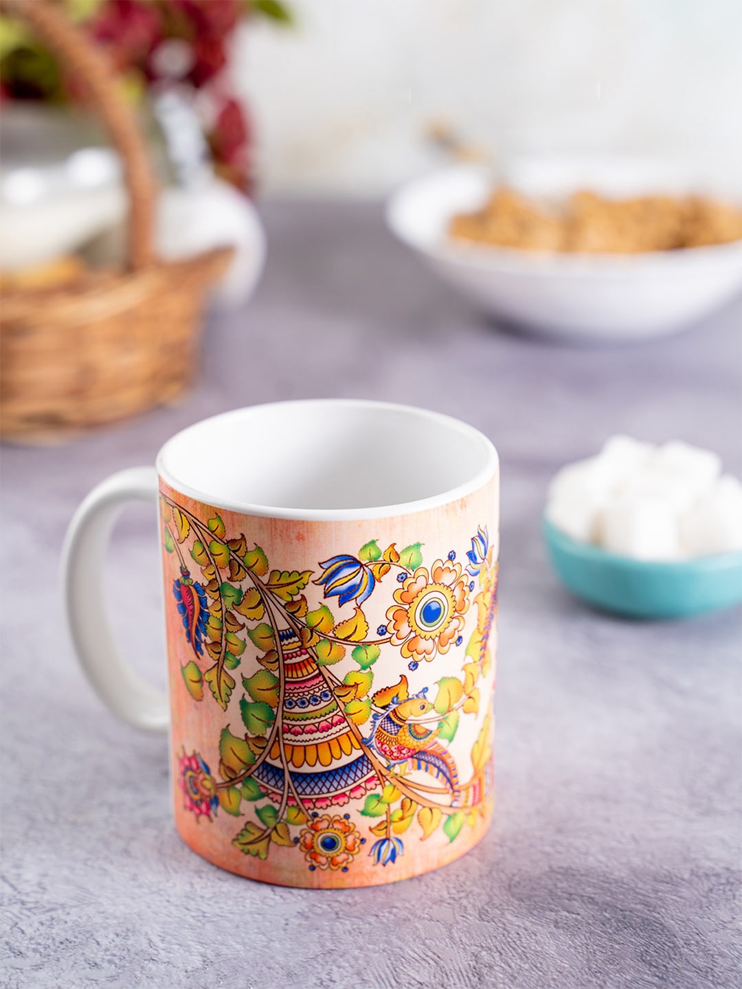 KOLOROBIA Yellow & Blue Kalamkari Finesse Printed Ceramic Mug