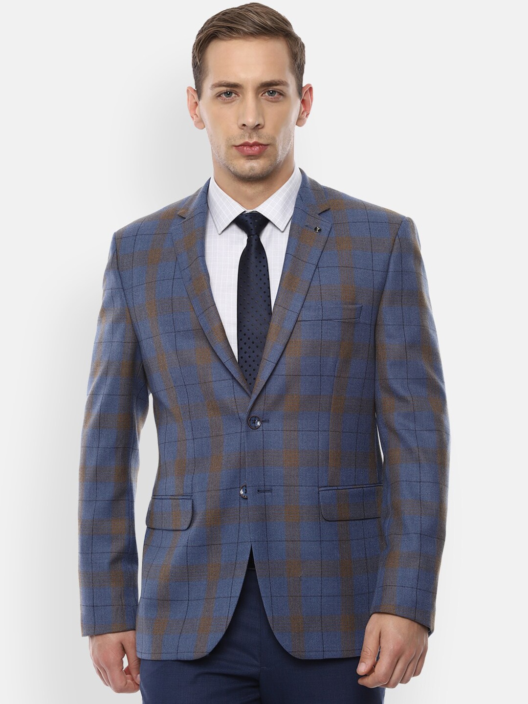 

Van Heusen Men Blue & Brown Checked Slim-Fit Single Breasted Blazer
