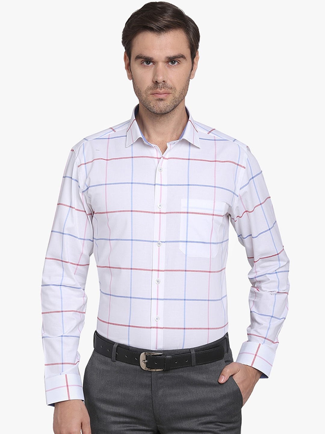 

JADE BLUE Men White & Pink Slim Fit Checked Casual Shirt
