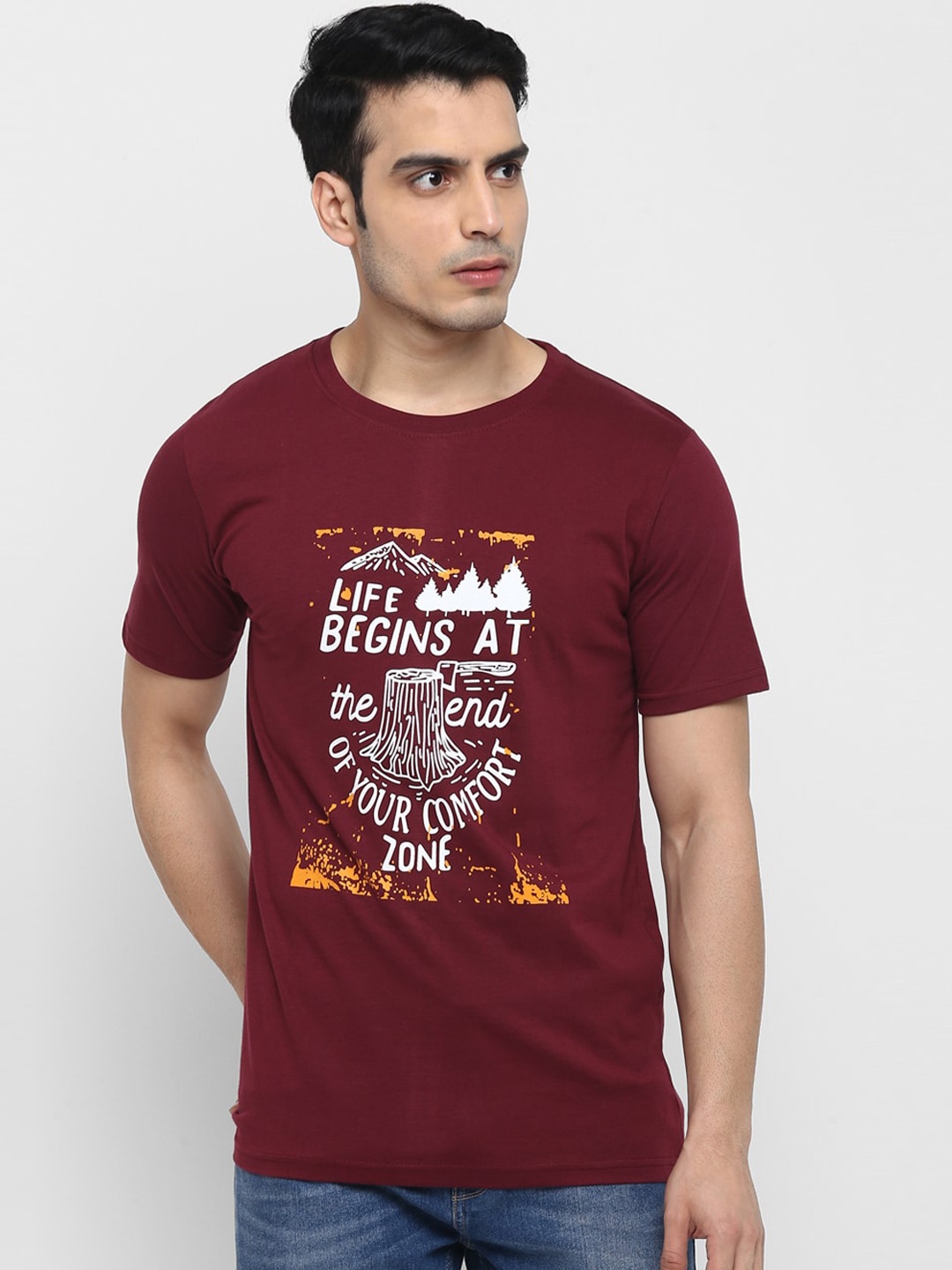 

Routeen Men Maroon Printed Round Neck T-shirt