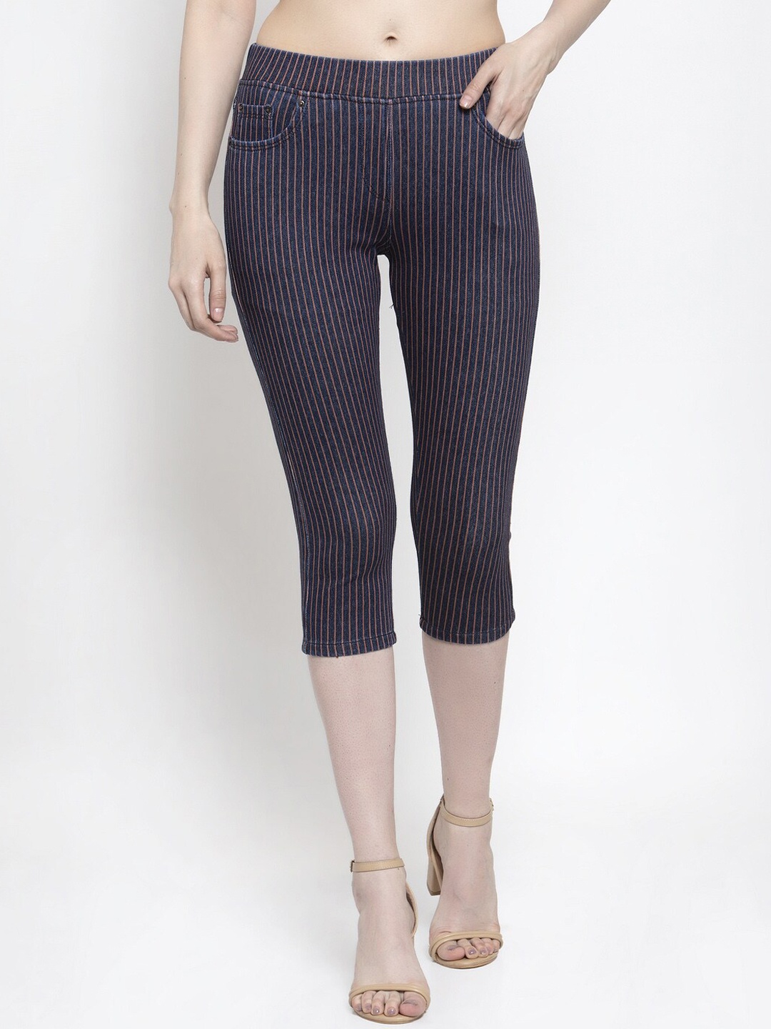 

Westwood Women Navy Blue & Salmon Pink Striped Skinny Fit Capris