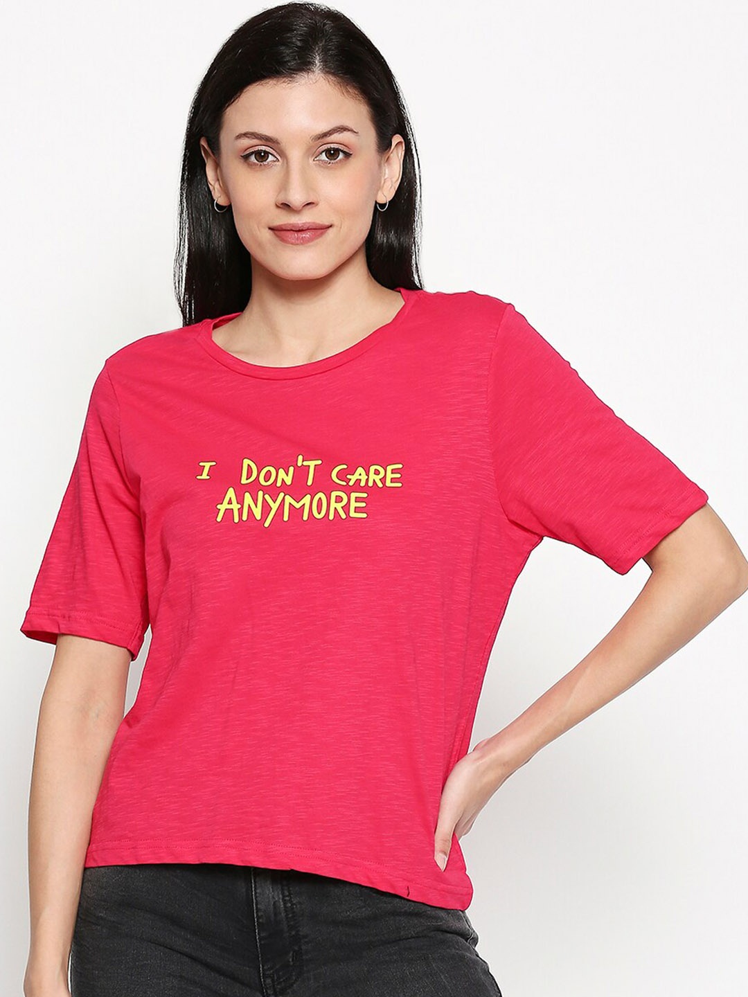 

People Women Pink Printed Round Neck T-shirt