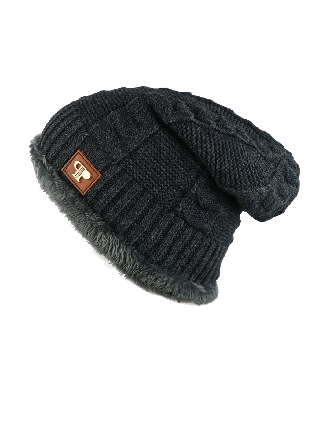 

iSWEVEN Unisex Grey Self-Design Woven Expandable Beanie