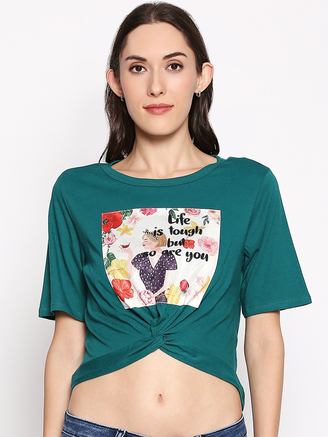 

People Women Green Printed Crop Top