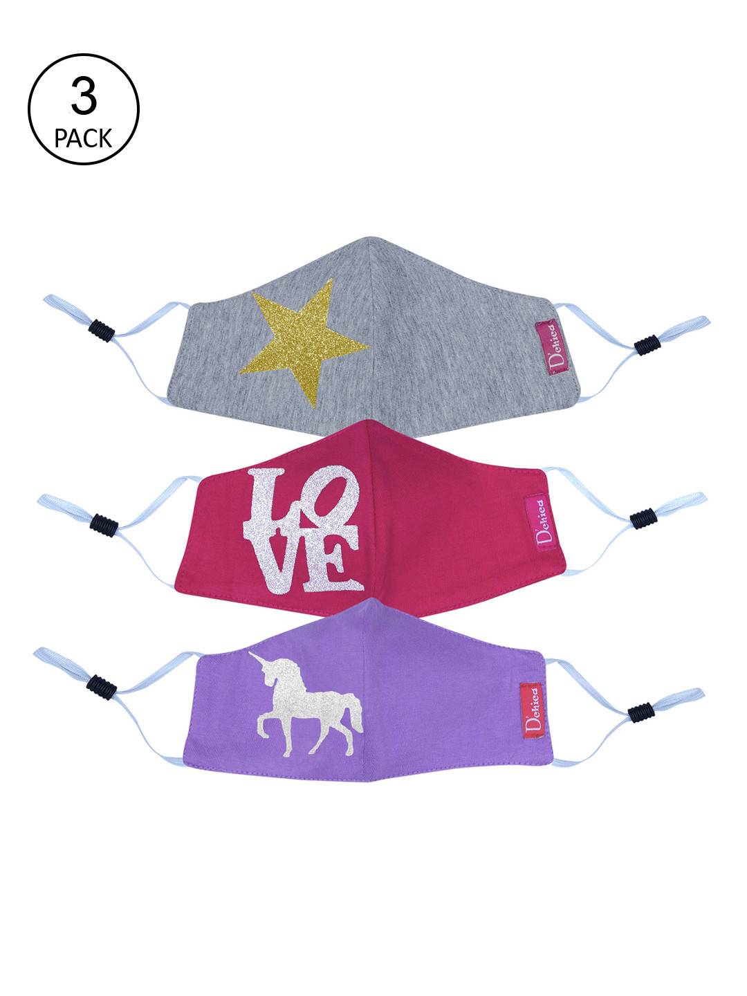 

DChica Girls Set Of 3 2-Ply Love Star & Unicorn Themed Protective Outdoor Face Masks, Purple