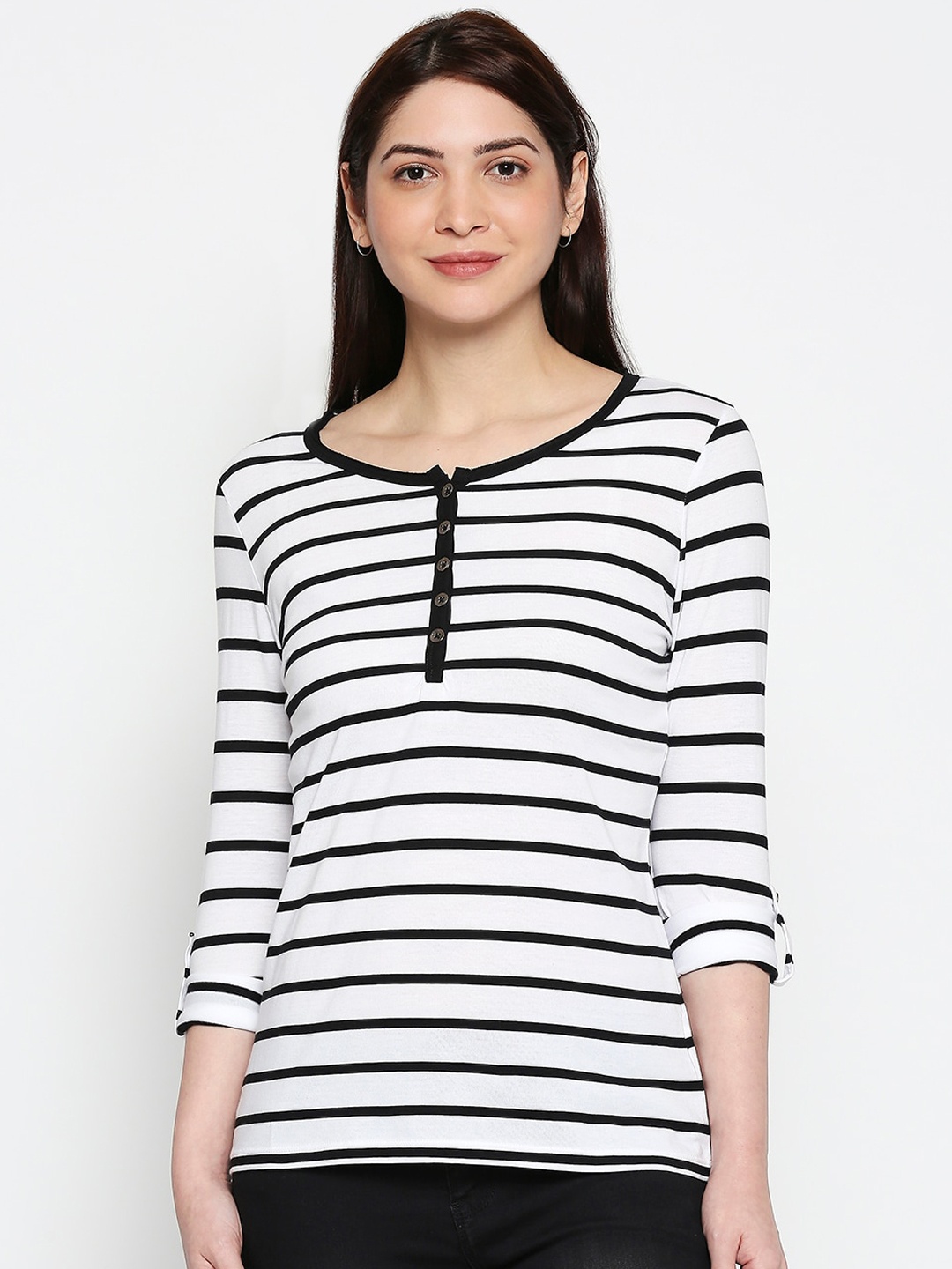 

People Women White & Black Striped Cotton Knitted Top