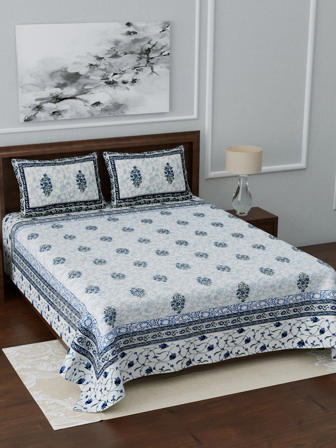 

LIVING ROOTS Off-White & Blue Printed 210 TC King Bedsheet With 2 Pillow Covers