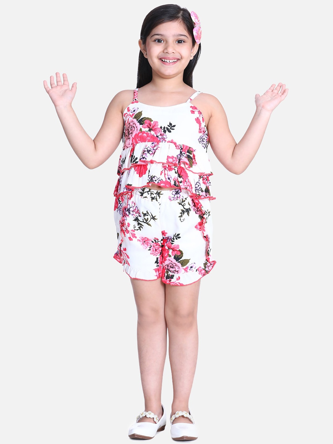 

Cutiekins Girls White & Pink Floral Printed Top With Shorts
