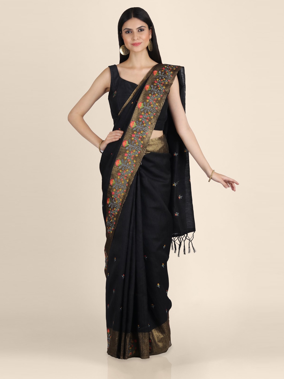 

KAJREE Black & Gold-Toned Pure Linen Woven Design Tussar Saree