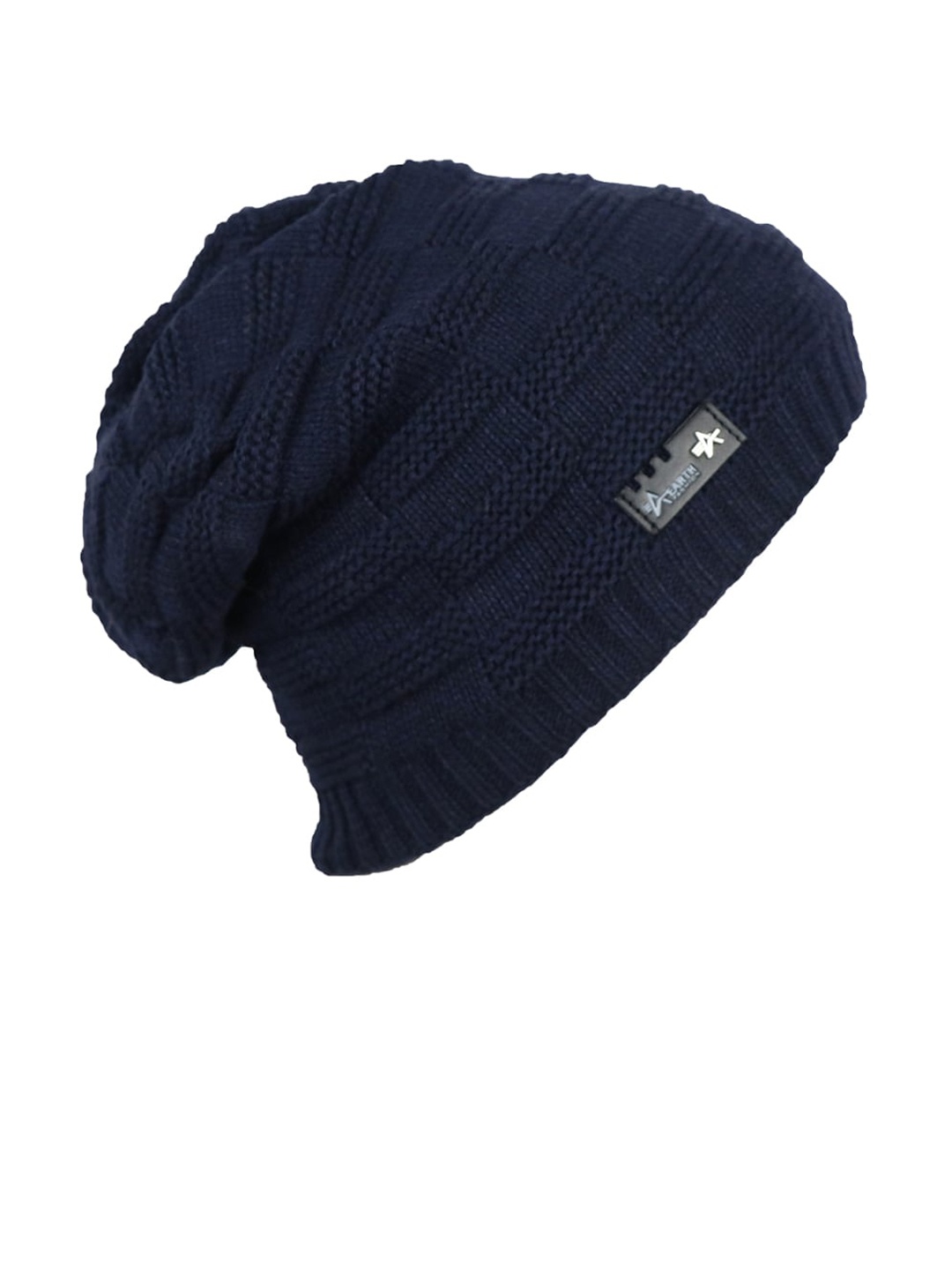 iSWEVEN Unisex Navy Blue Self-Design Beanie Cap
