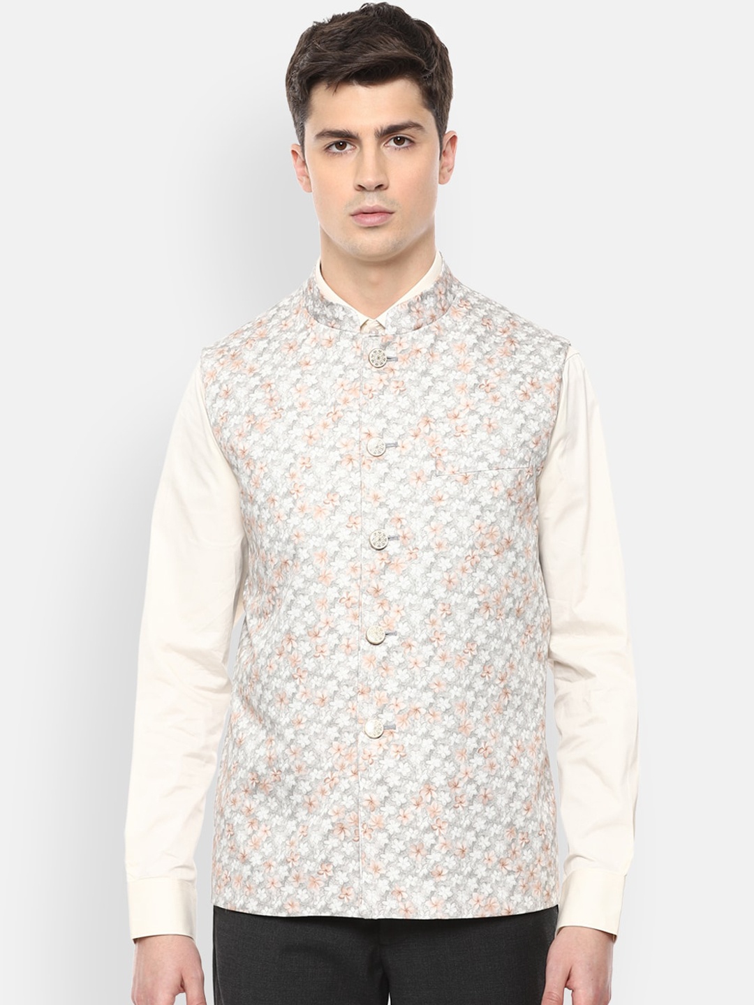 V Dot Men White Printed Waistcoat
