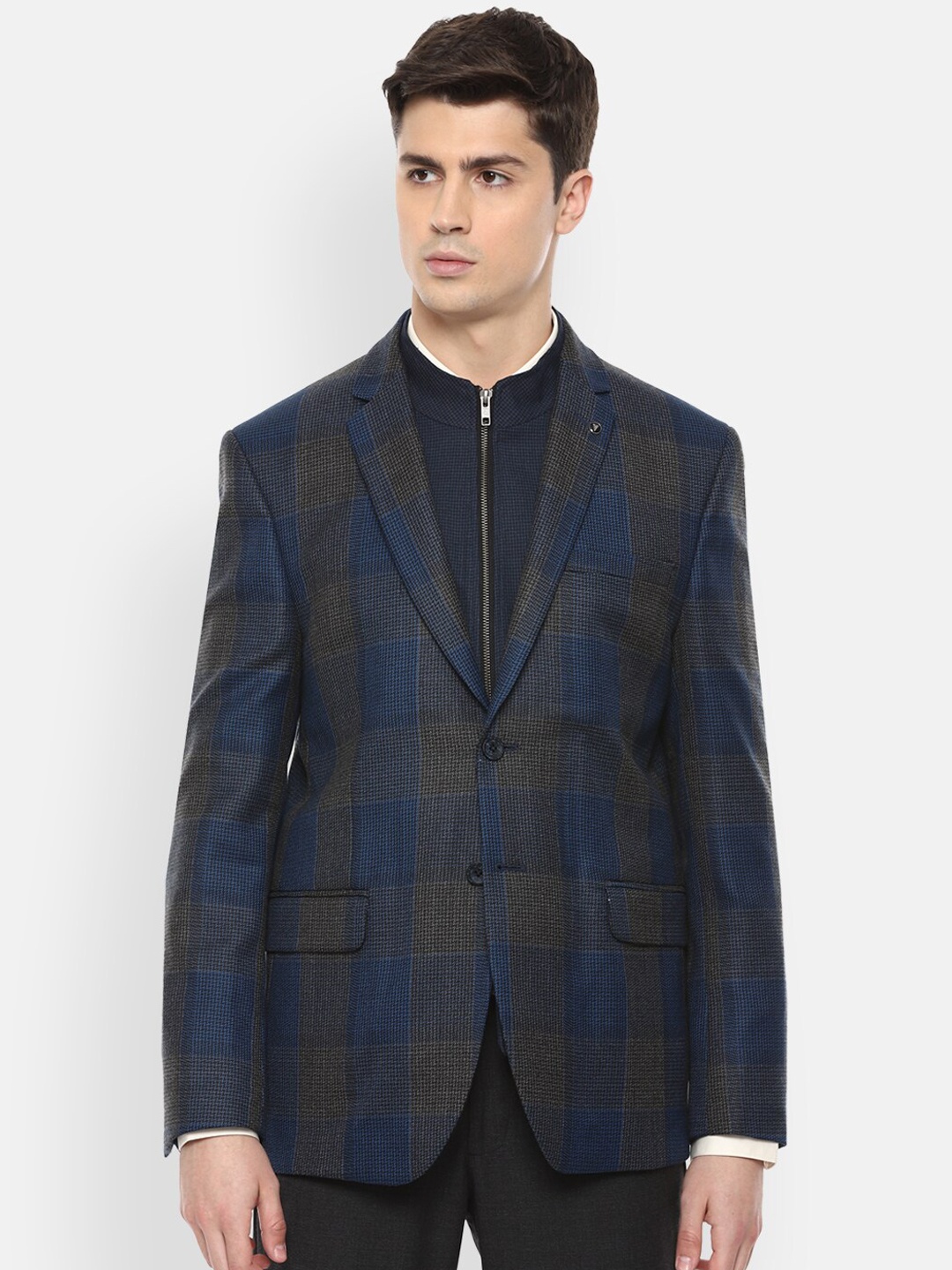 

Van Heusen Men Navy Blue & Grey Checked Slim-Fit Formal Blazer