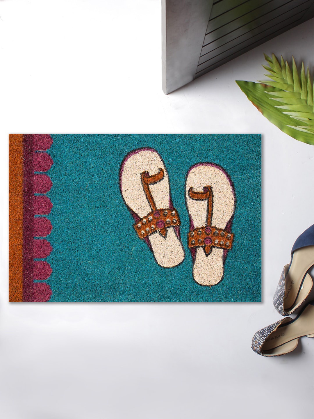 

India Circus by Krsnaa Mehta Teal Blue & Off-White Printed Funky Slippers Doormat