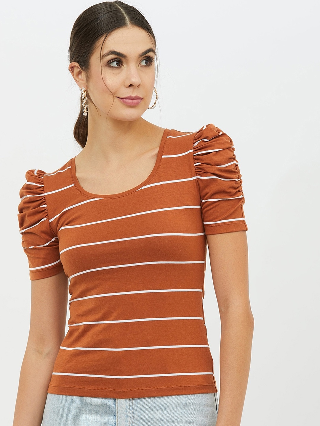 

Harpa Women Rust Brown Striped Round Neck T-shirt
