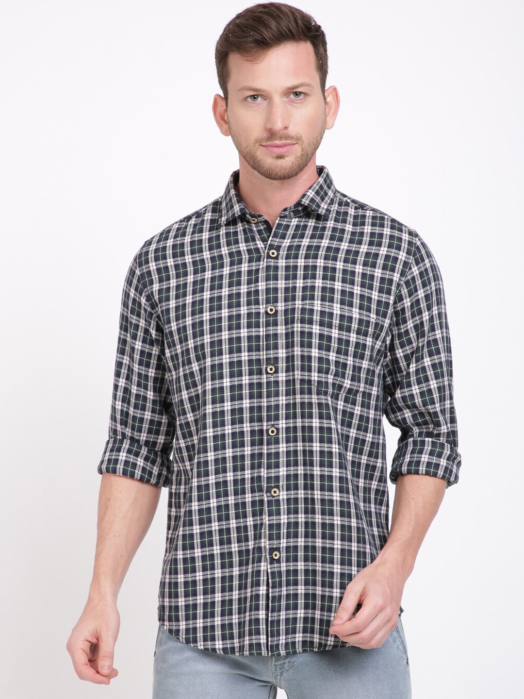 

IVOC Men Green & Blue Slim Fit Checked Cotton Casual Shirt