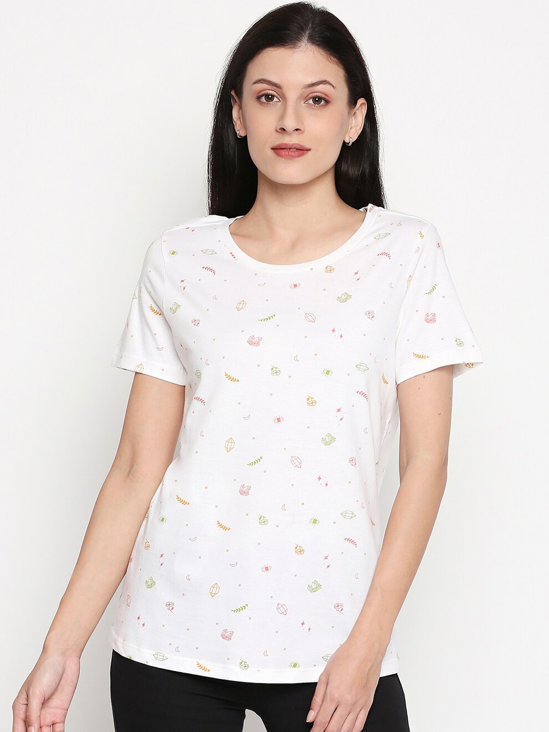 

Honey by Pantaloons Women White Printed Cotton Round Neck Pure Cotton T-shirt