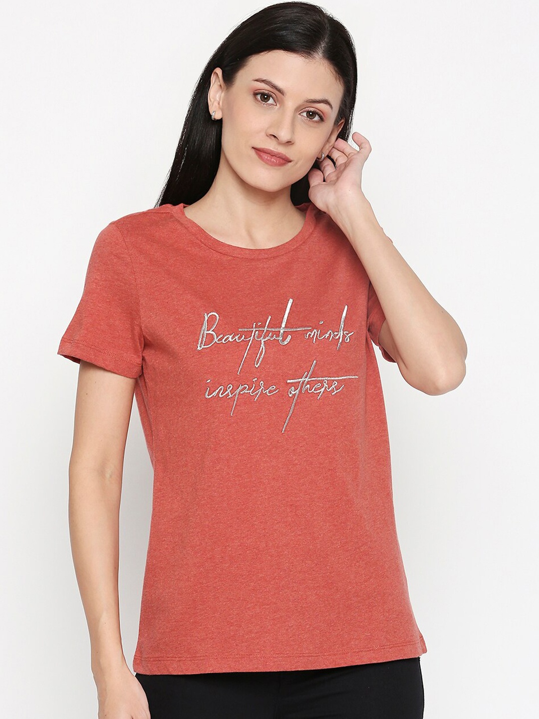 

Honey by Pantaloons Women Peach-Coloured Printed Round Neck T-shirt