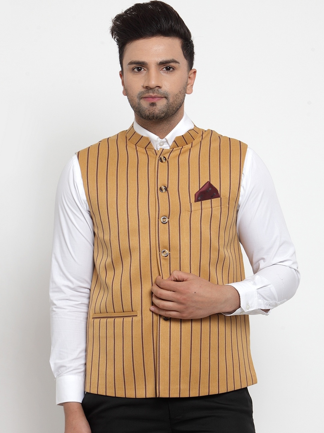 

NEUDIS Men Mustard Yellow & Brown Woven Striped Nehru Jacket