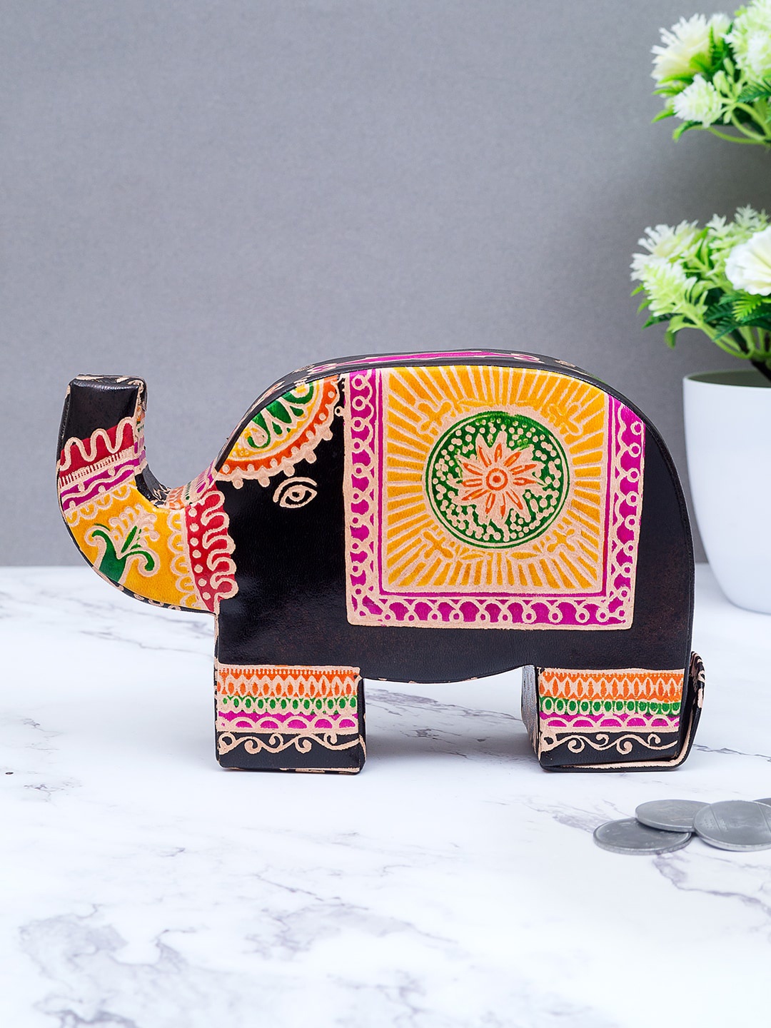 

Golden Peacock Black & Yellow Printed Hand made Leather Elephant shape Coin Box