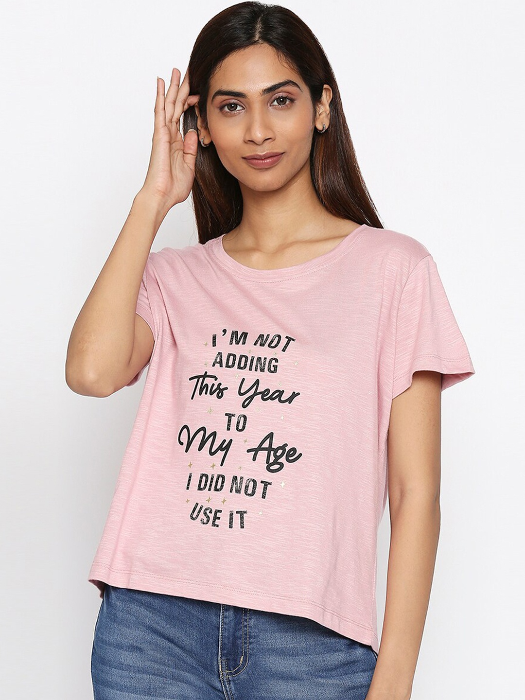 

People Women Pink Printed Round Neck T-shirt